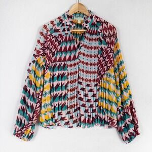 Rye Grass Blouse Top Womens Sz Medium Multicolor Geometric Bold Pleated Sheer